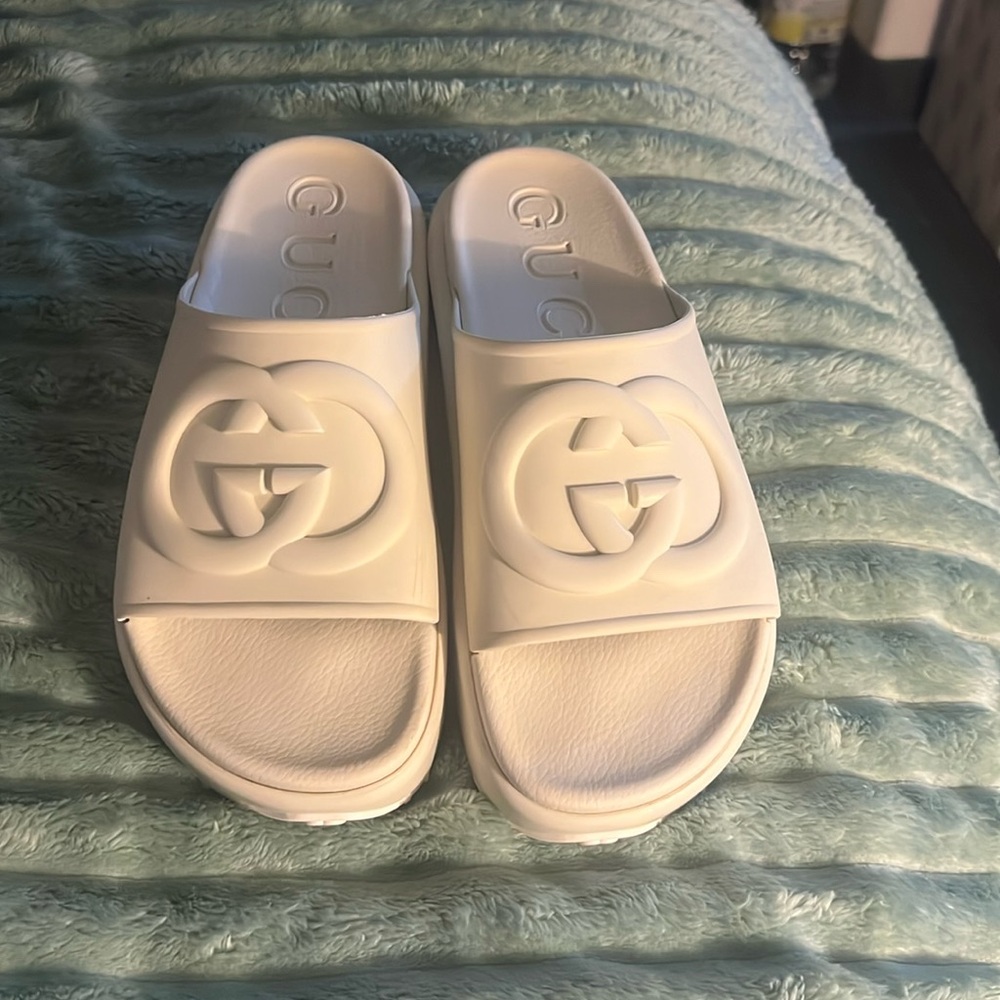 Authentic Gucci Rubber Slides, light beige in color and gently used.
